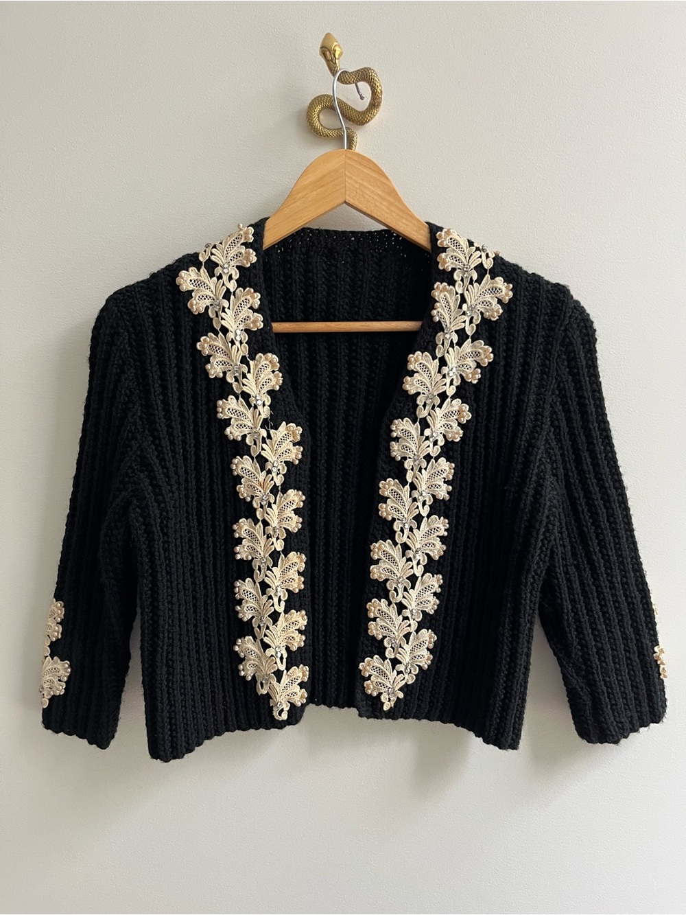 Vtg Handmade Black Open Front Knit Cardigan Crop Sweater Cream Lace Applique XS